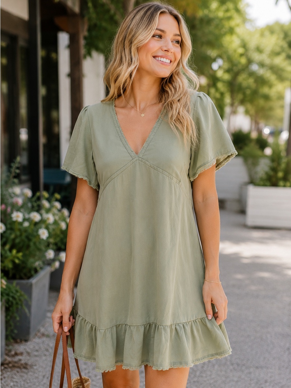 Urban Outfitters Ruffle Short Sleeve Mini Dress Women Size S Sage Green